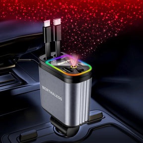Stride™ 4-in-1 Fast Charging Car Charger | USB-C & USB-A | Retractable Cables | Starry Sky Light