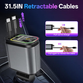 Stride™ 4-in-1 Fast Charging Car Charger | USB-C & USB-A | Retractable Cables | Starry Sky Light