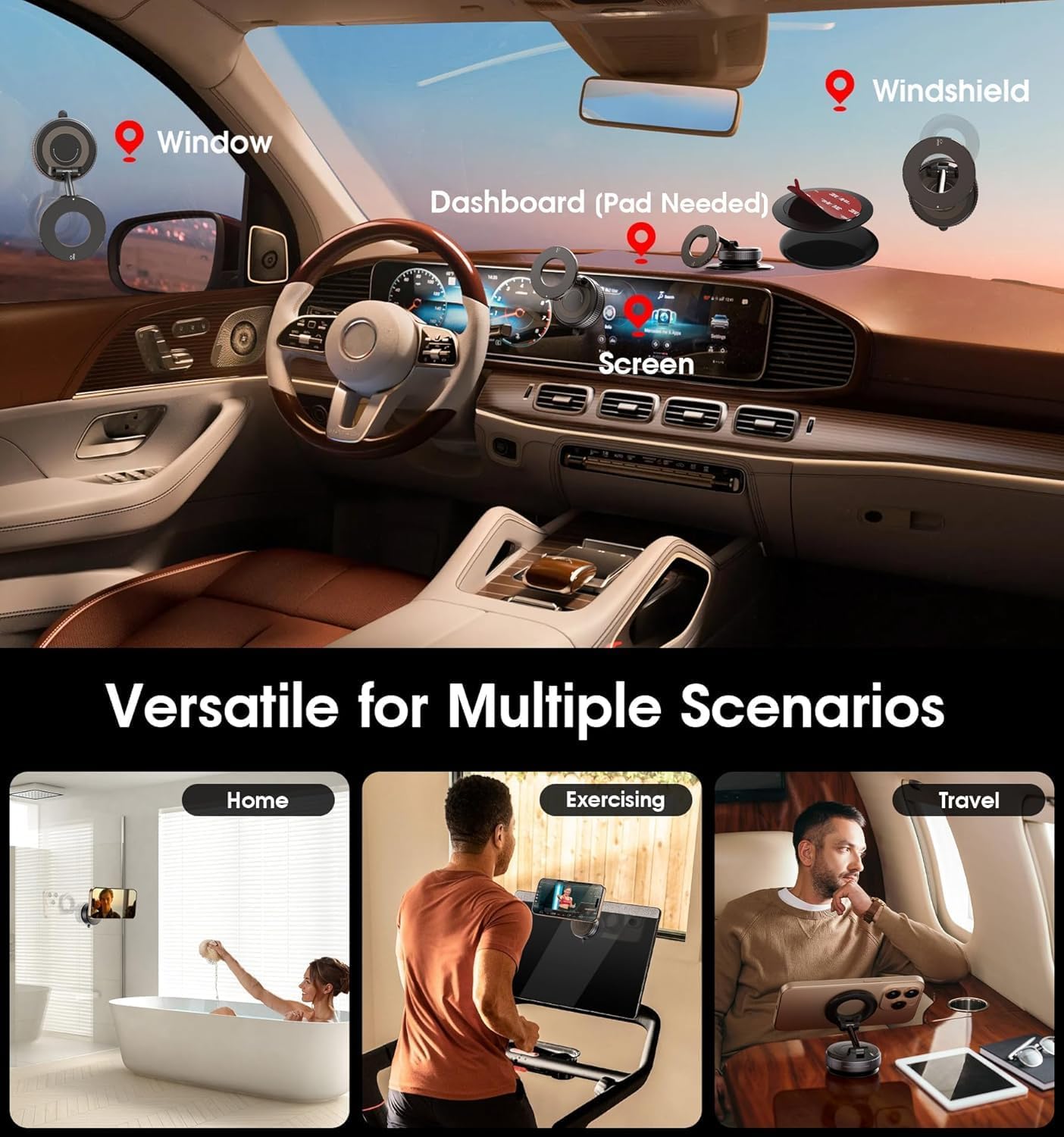 360° Vacuum Magnetic Car Phone Mount, Strong Suction Holder, Universal (Pro Black)