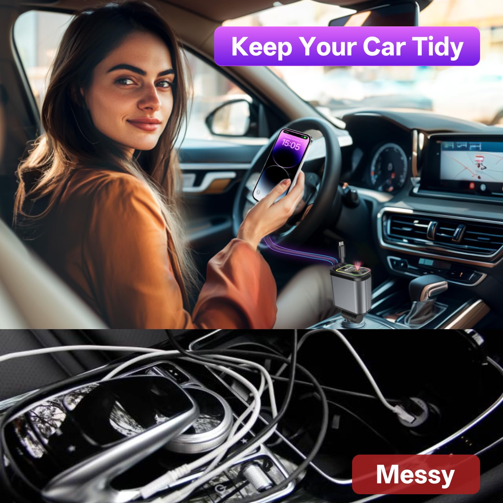 Stride™ 4-in-1 Fast Charging Car Charger | USB-C & USB-A | Retractable Cables | Starry Sky Light