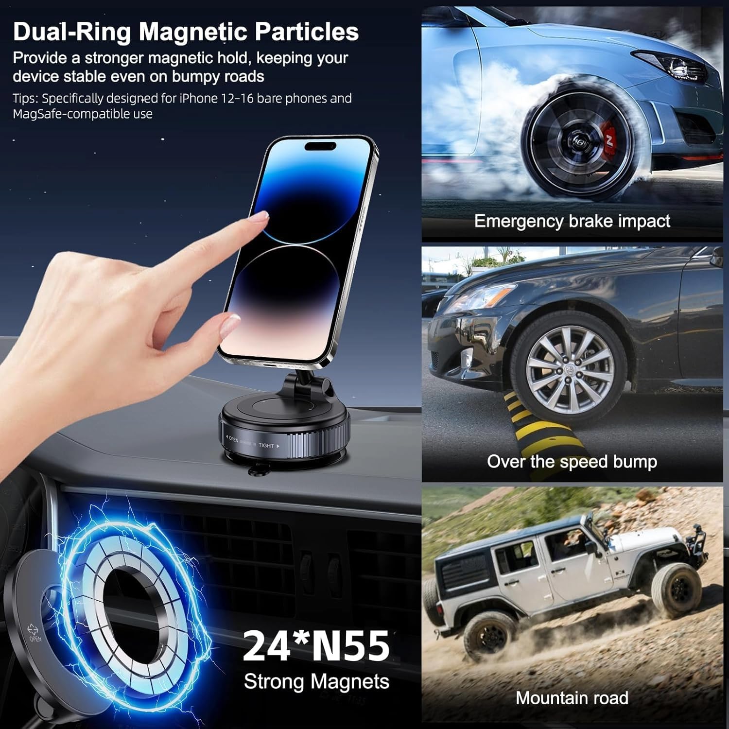 360° Vacuum Magnetic Car Phone Mount, Strong Suction Holder, Universal (Pro Black)